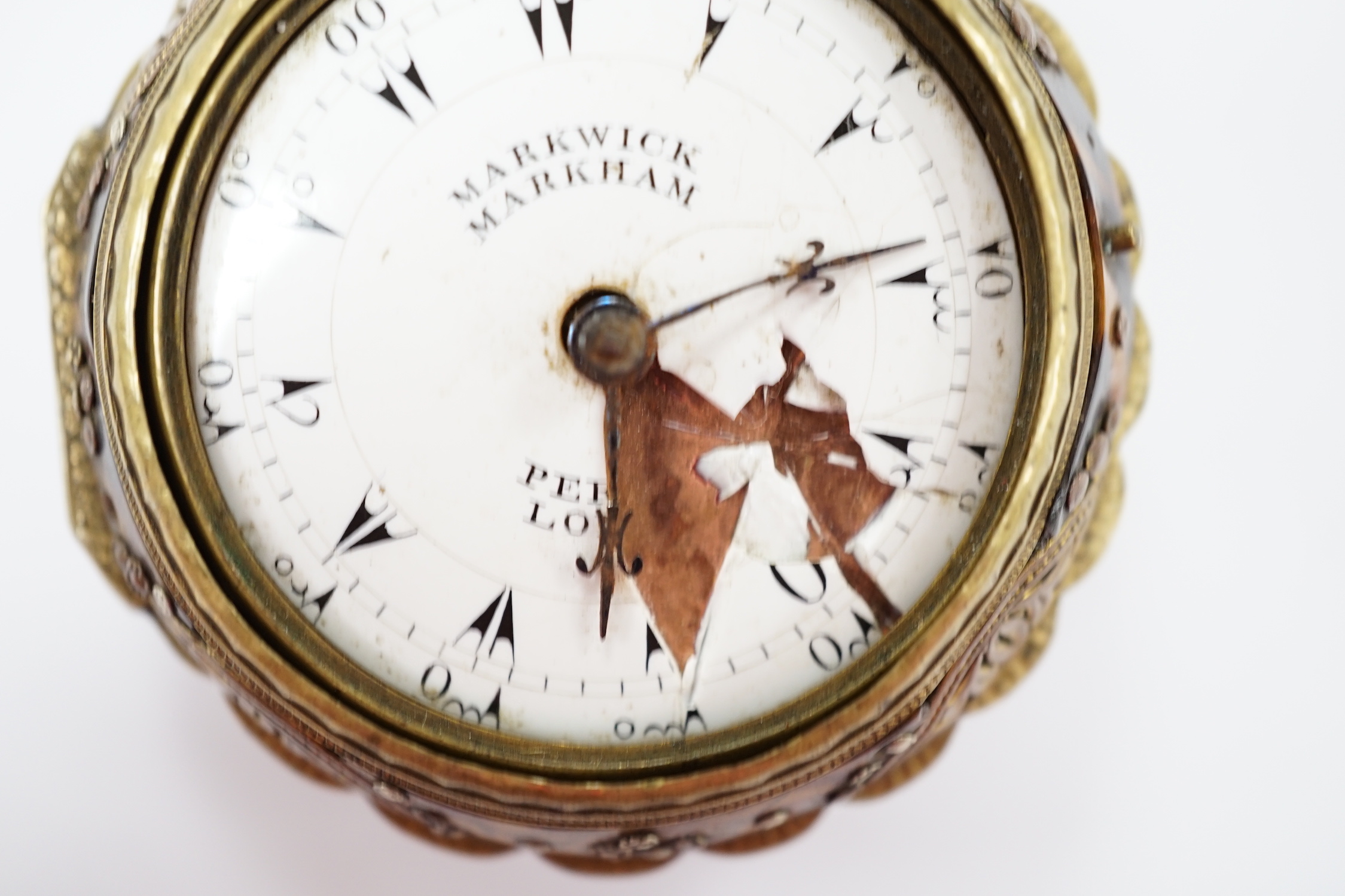 A late 18th century gilt metal and painted tortoiseshell mounted pair cased repeating pocket watch, made for the Turkish market, by Markwick Markham Perigal, London (a.f.).